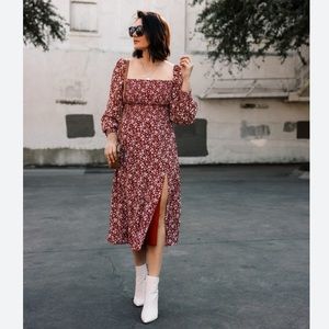 Reformation Cello Dress in flower girl red white floral print. Long sleeves